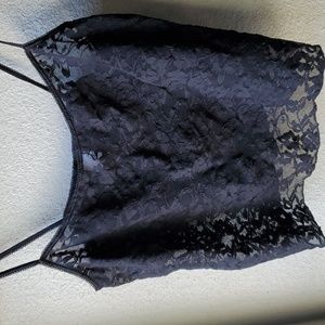 Black Lace Mesh Crop Top Lingerie Layer Piece Small Scallop Trim Spaghetti Strap